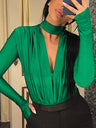 V-neck Slim Fit Pleated Decoration Base Layer Splicing Long-sleeved Bodysuit