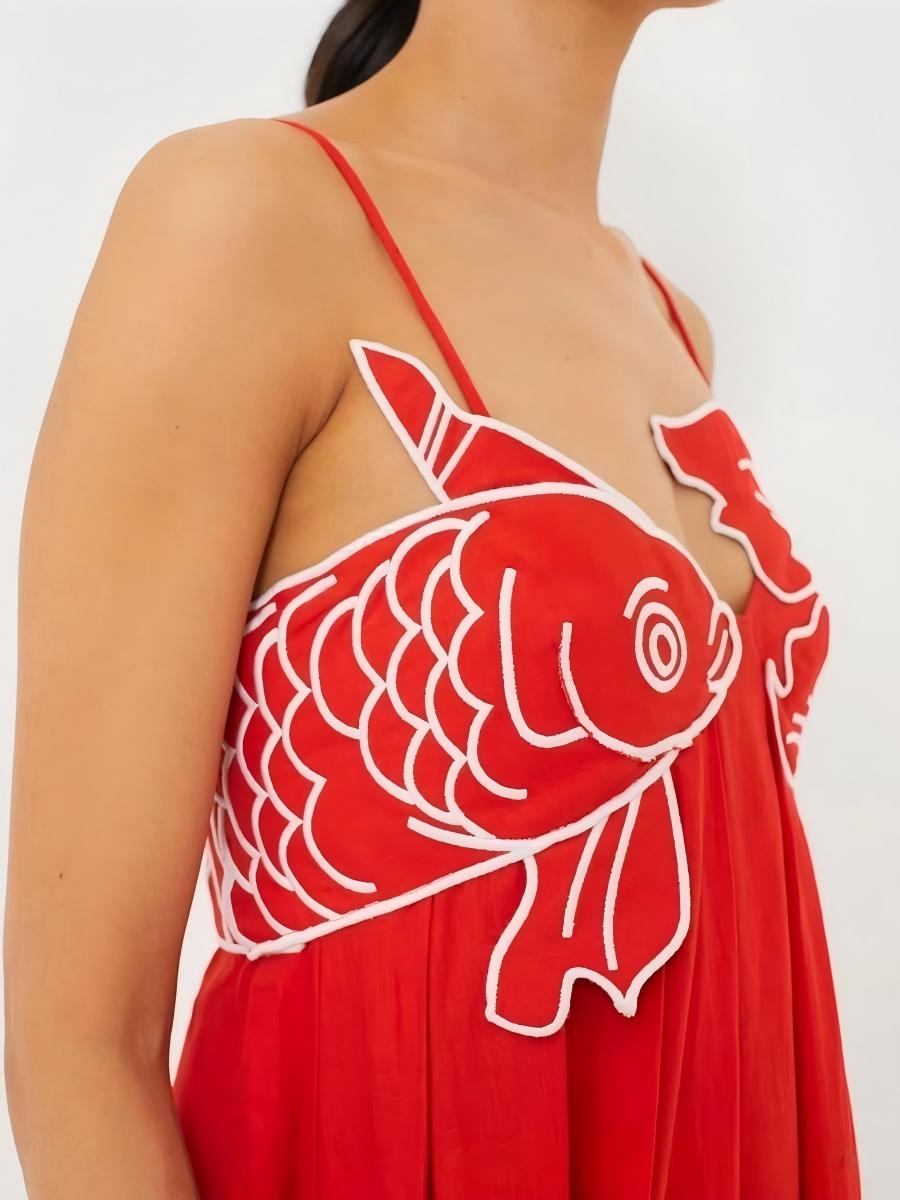 Fish-shaped 3D Embroidered Strapless Pleated Spaghetti Strap Long Dress