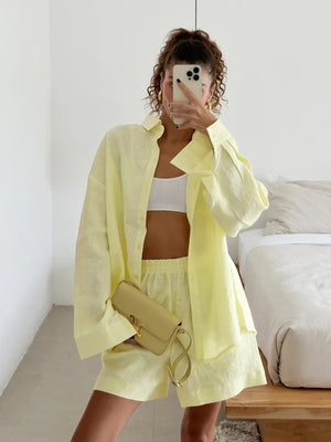 Loose-fit Long Sleeve Shirts Shorts Set 2-piece Sets