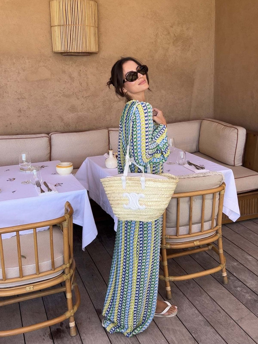 V-neck With Cutout Geometric Pattern Slit Beachwear