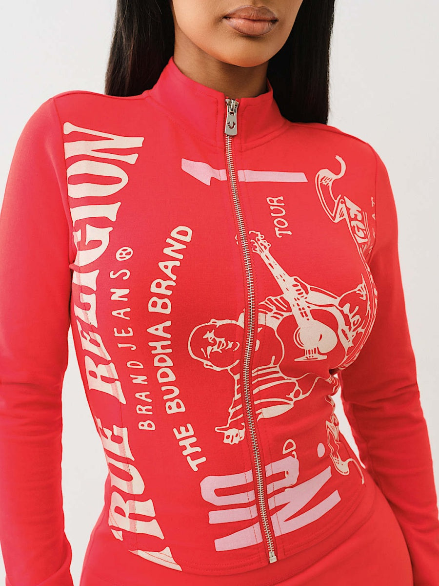 Printed Slim-fit Shorts Long-sleeved Zip-up Top 2-piece Sets