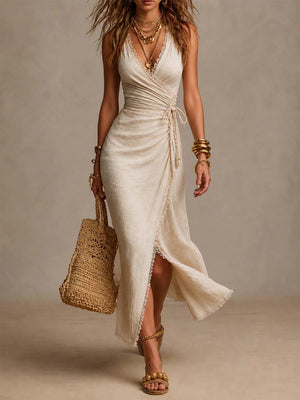 Deep V Halter Neck Crossover Bohemian Resort Style Long Dress