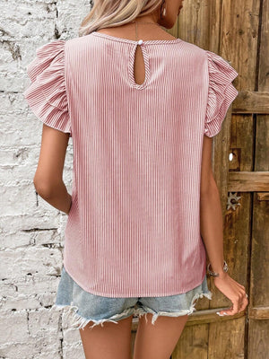 Round Neck Striped T-shirt With Ruffled Sleeves