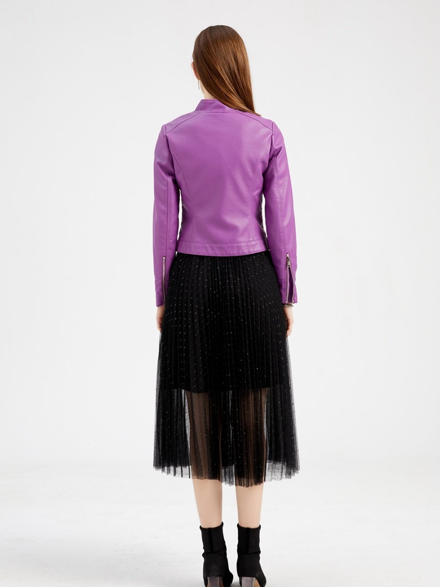 Three-dimensional Decoration Short Stand Collar Zippered Leather Jacket