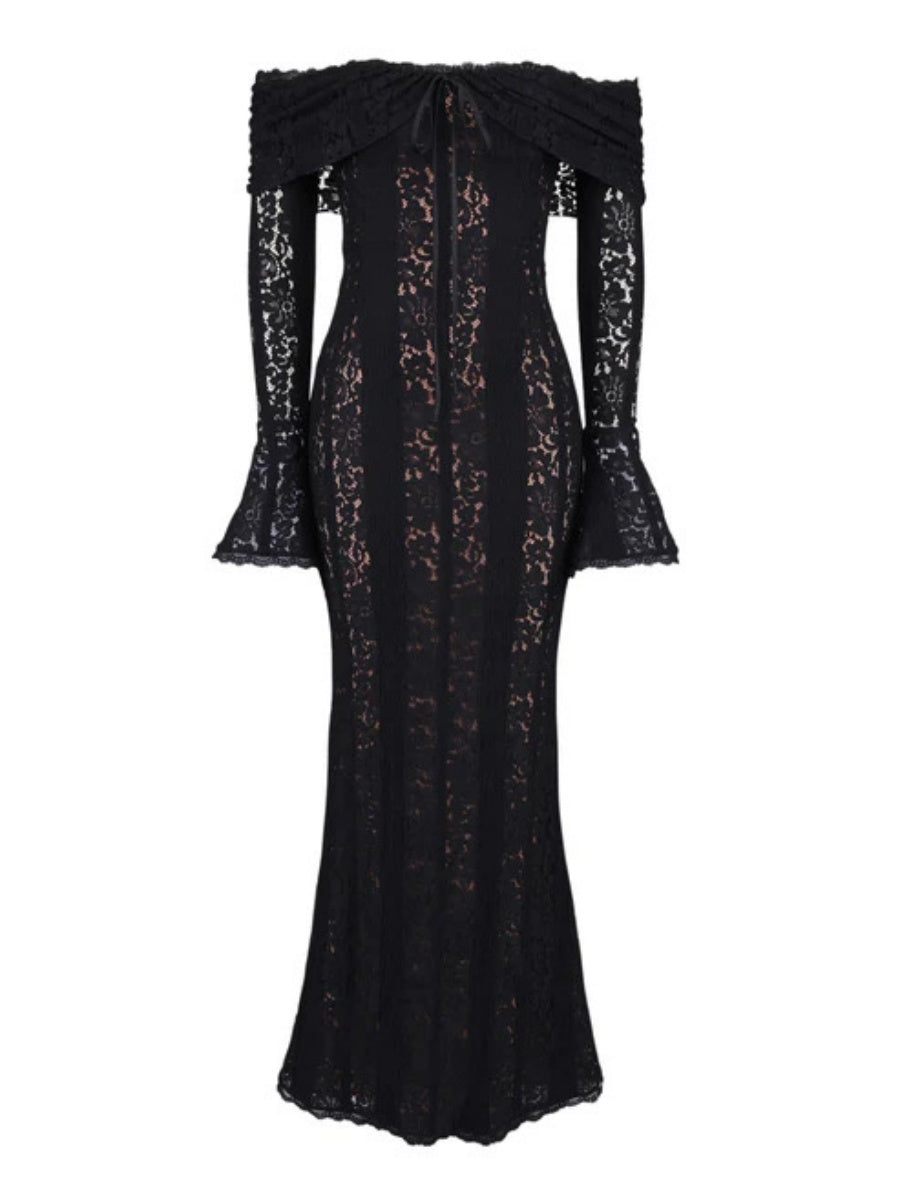 【EXPÉDITION NORMALE】Robes maxi moulantes en dentelle ajourée, épaules dénudées et manches évasées