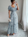 Floral Lotus Leaf Sleeves Sweetheart Collar Vacation And Leisure Maxi Dresses