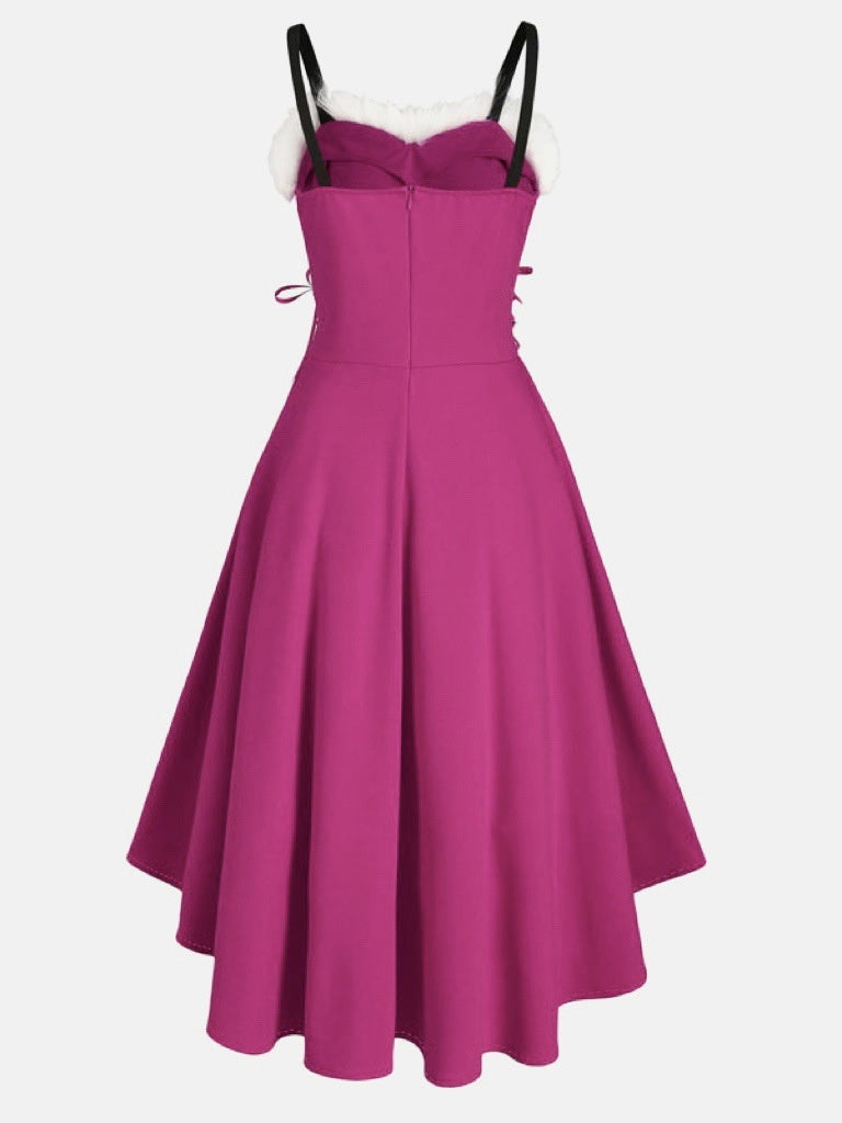 Christmas Parties Bunny Girl Fur Collar Off-shoulder Bow Slip Dress