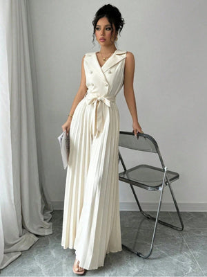 Commuting Suit Collar Pleated Pants Double-breasted Jumpsuits
