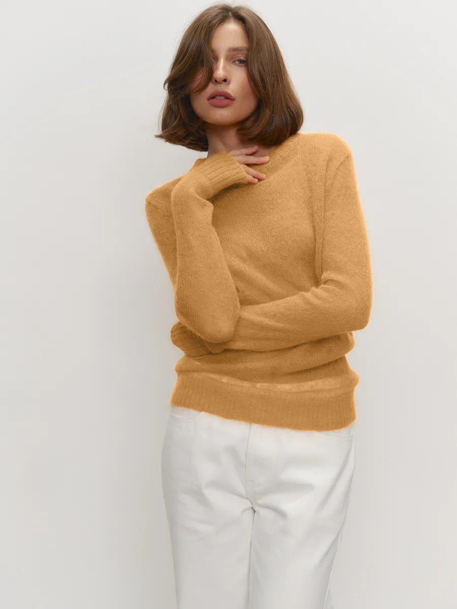 Mohair Crew Neck Pullover Sweater, Semi-sheer Base Layer Sweater