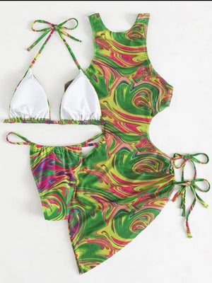 Hollow-out Drawstring Swimsuit Bikini Beach Cover-up Three-piece Set