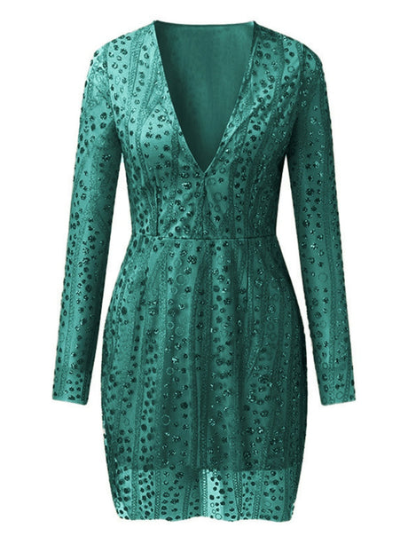 Deep V Long Sleeve Polka Dot Sequins Mini&Short Dresses