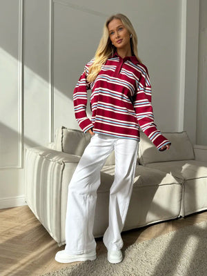 Long-sleeved Striped T-shirt, Polo Collar, Loose-fitting T-shirt