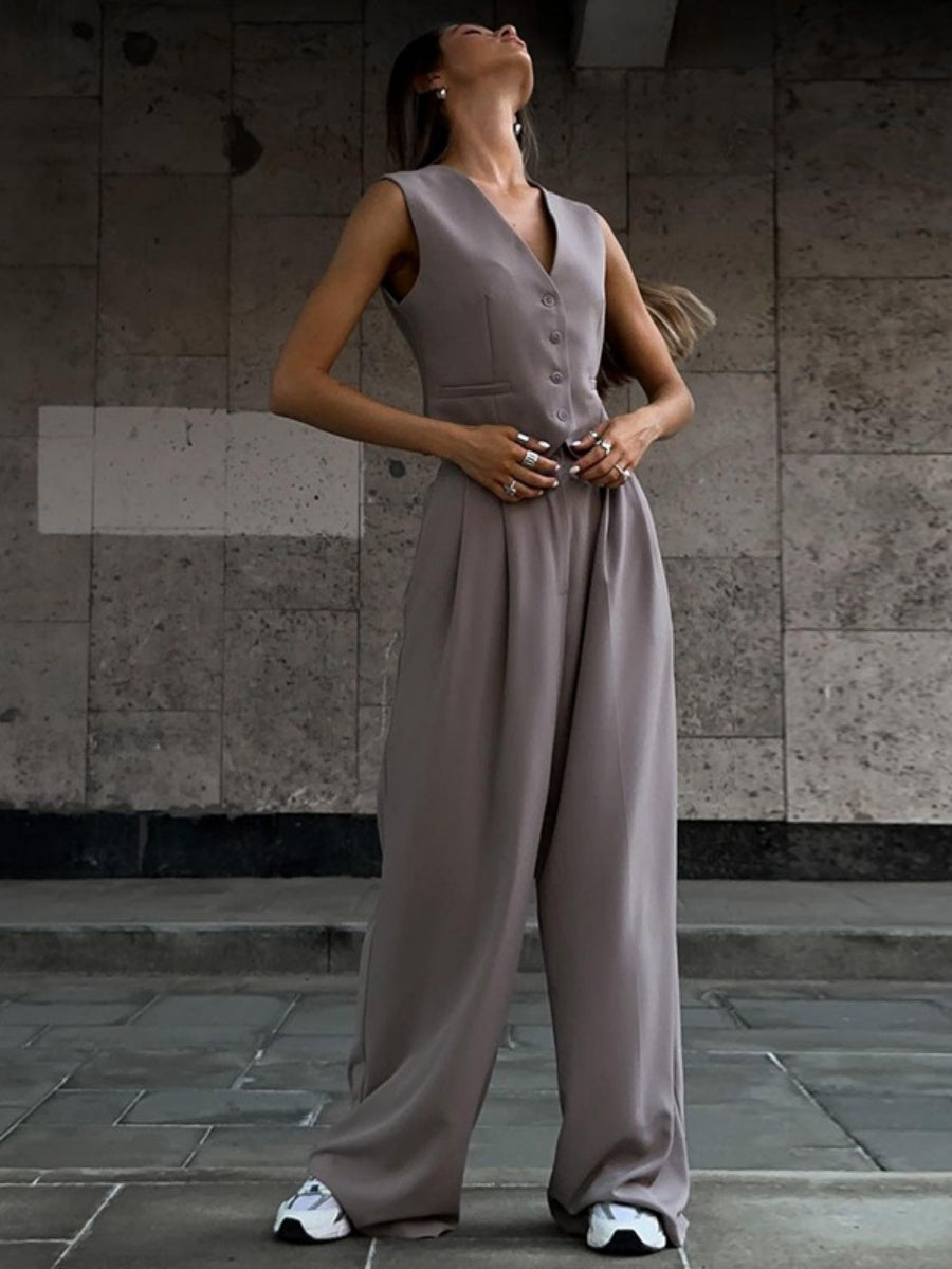 V-neck Sleeveless Vest, Flowy Wide-leg Trousers, Casual Style. 2-piece Sets