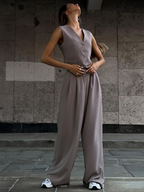 V-neck Sleeveless Vest, Flowy Wide-leg Trousers, Casual Style. 2-piece Sets