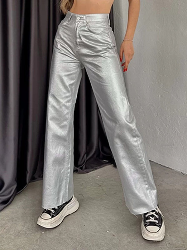 Pocketed, Loose-fitting, Wide-leg, Retro Straight-leg Style In Gold And Silver. Pants