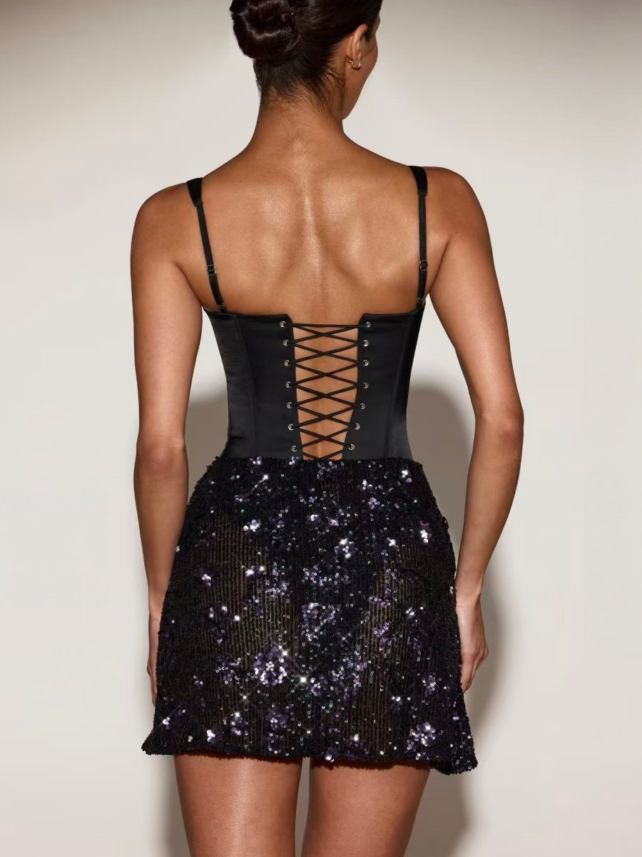 Plissierte Pailletten-Party-Fischgräten-Dekorationen Mini- und kurze Kleider