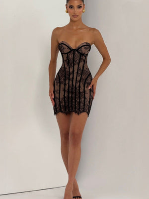 Lace Bodycon Strapless Dress, Exquisite Crochet Fitted Short Dress