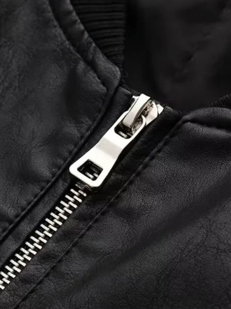 Street Short Slim Fit Stand Collar Pilot Leather Jacket