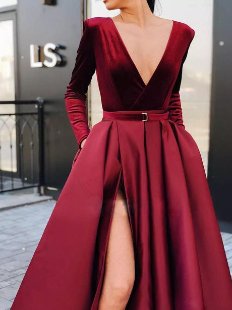 V-neck High Slit Long Sleeves Velvet Maxi Dresses