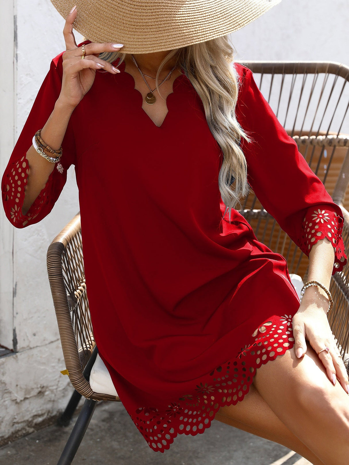 Burning Flowers Hollow Half Sleeves Mini&Short Dresses