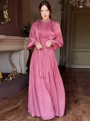 Balloon Sleeve Rhinestone-studded Waist Banquet Maxi Dresses