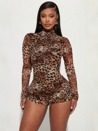 Round Neck Long-sleeved Leopard Print Bodysuit