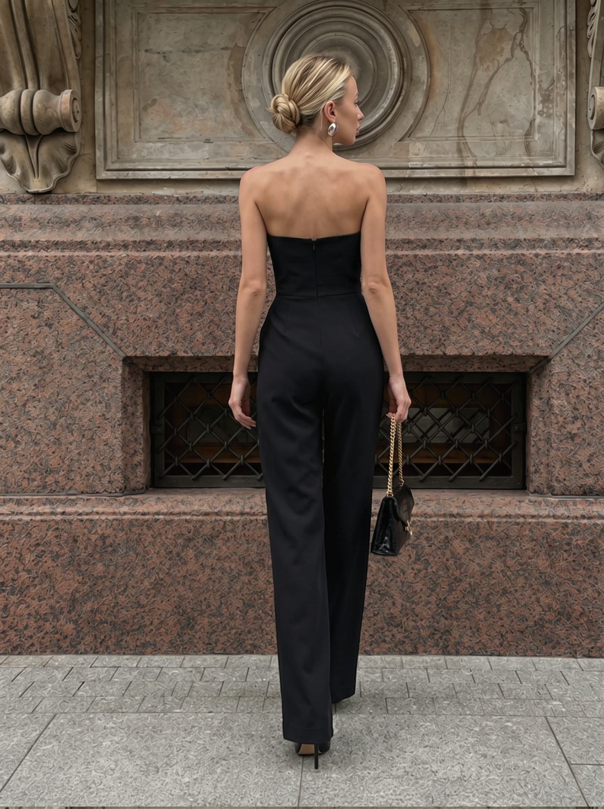 Asymmetrical Mid-waisted Elegant V-neck Strapless Jumpsuit