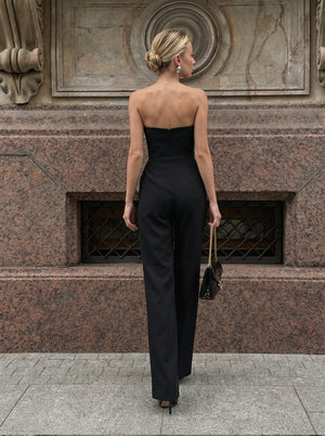 Asymmetrical Mid-waisted Elegant V-neck Strapless Jumpsuit