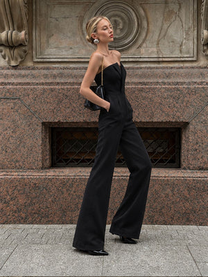Asymmetrical Mid-waisted Elegant V-neck Strapless Jumpsuit
