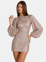 Round Neck Long Sleeve Slim Fit Sequin Solid Color Short Dress