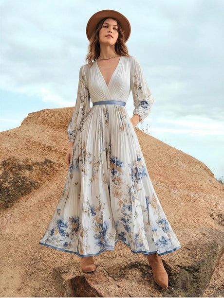 Zipper Plants And Flowers Maxi Dresses