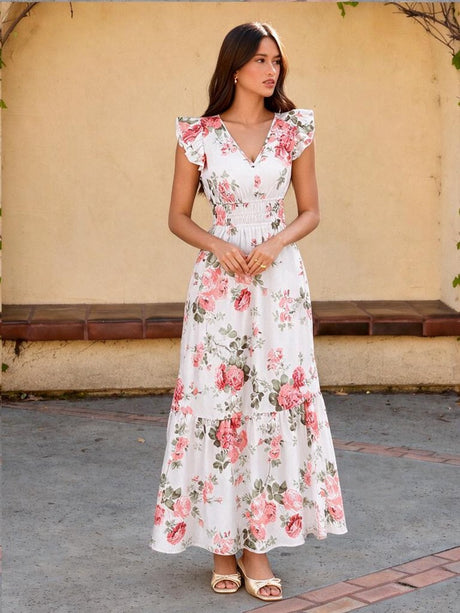 Ruffle Plants And Flowers Printed Long Dress