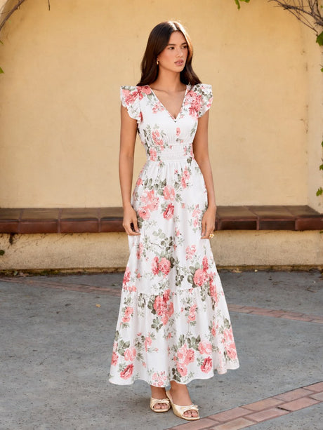 Ruffle Plants And Flowers Printed Long Dress