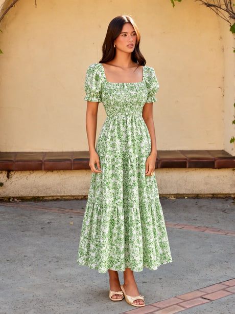 Puff Sleeve Printed Maxi Dresses