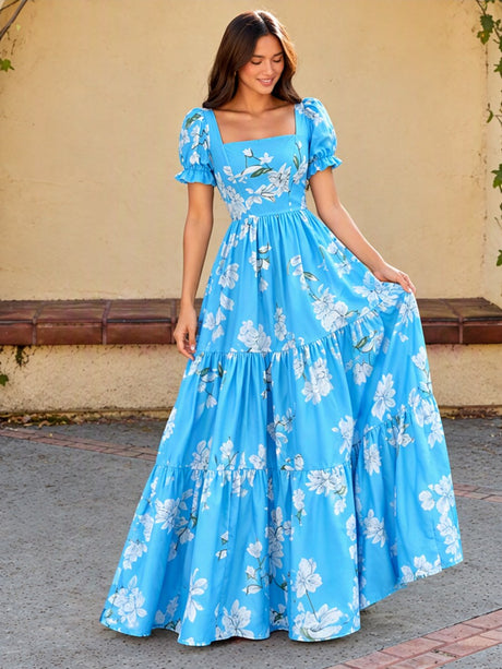 Square Neck Women's Clothing Flowers Maxi Dresses