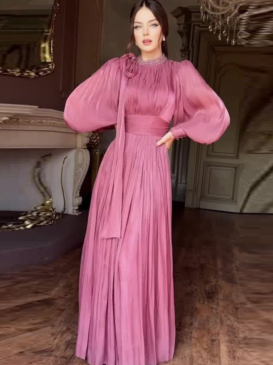 Balloon Sleeve Rhinestone-studded Waist Banquet Maxi Dresses