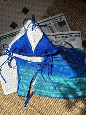 Gradient Mesh Color Blocking Bikini Beach Skirt Three-piece Set