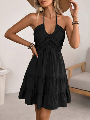 Halter V-neck Drawstring Loose-fit Vacation Maxi Dresses