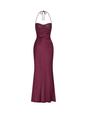 Strapless Sequined Satin Backless Tie-waist Bodycon Maxi Dress