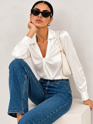 Solid Color Satin Pleated Long Sleeve Blouse&Shirts