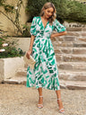 Waist-cinching Deep V-neck Floral Print Maxi Dresses