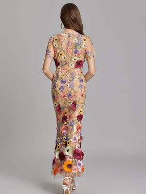 Embroidered 3D Floral Fitted Waist Short-sleeved Long Dress