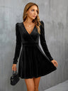 V-neck, Leg-of-mutton Sleeves, Fitted Waist, A-line Silhouette, Long Sleeves, Velvet Short Dress
