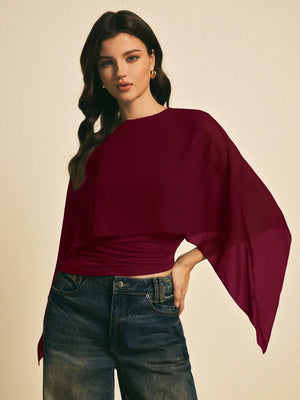 Cape-sleeve T-shirt, Round Neck, Loose Chiffon Cover-up, Elegant Irregular Top/T-shirt