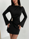 Slim-fit Long-sleeved Ruched Solid Color Short Dress With Metallic Embellishments