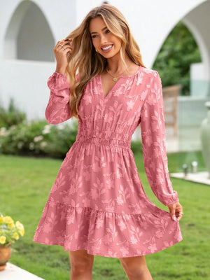 V-neck, Jacquard, Elastic Waist, Full Skirt, Long Sleeves, Ruffled Hem Short Dress
