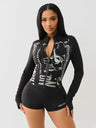 Printed Slim-fit Shorts Long-sleeved Zip-up Top 2-piece Sets