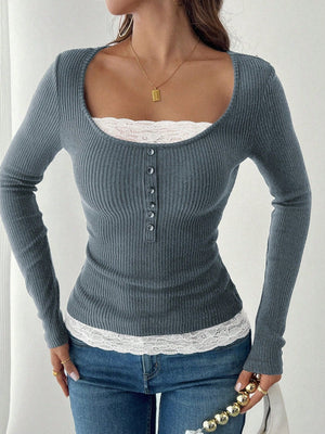 Square Collar Lace Single-breasted Slim-fit Long-sleeved T-shirt