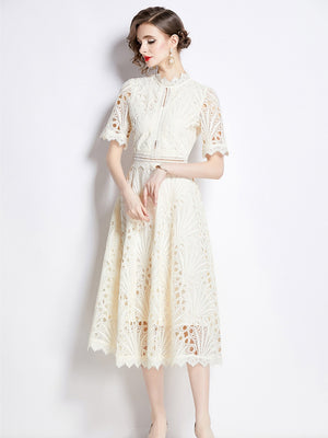Crocheted Embroidered Lace Midi Dress
