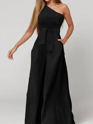 One Shoulder High Waist Lace Up Wide Leg Jumpsuits